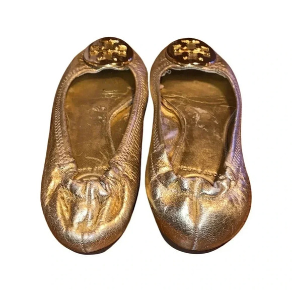 Tory Burch Reva Metallic Crackled Ballerina Gold Flat Size 4.5 - Picture 5 of 8